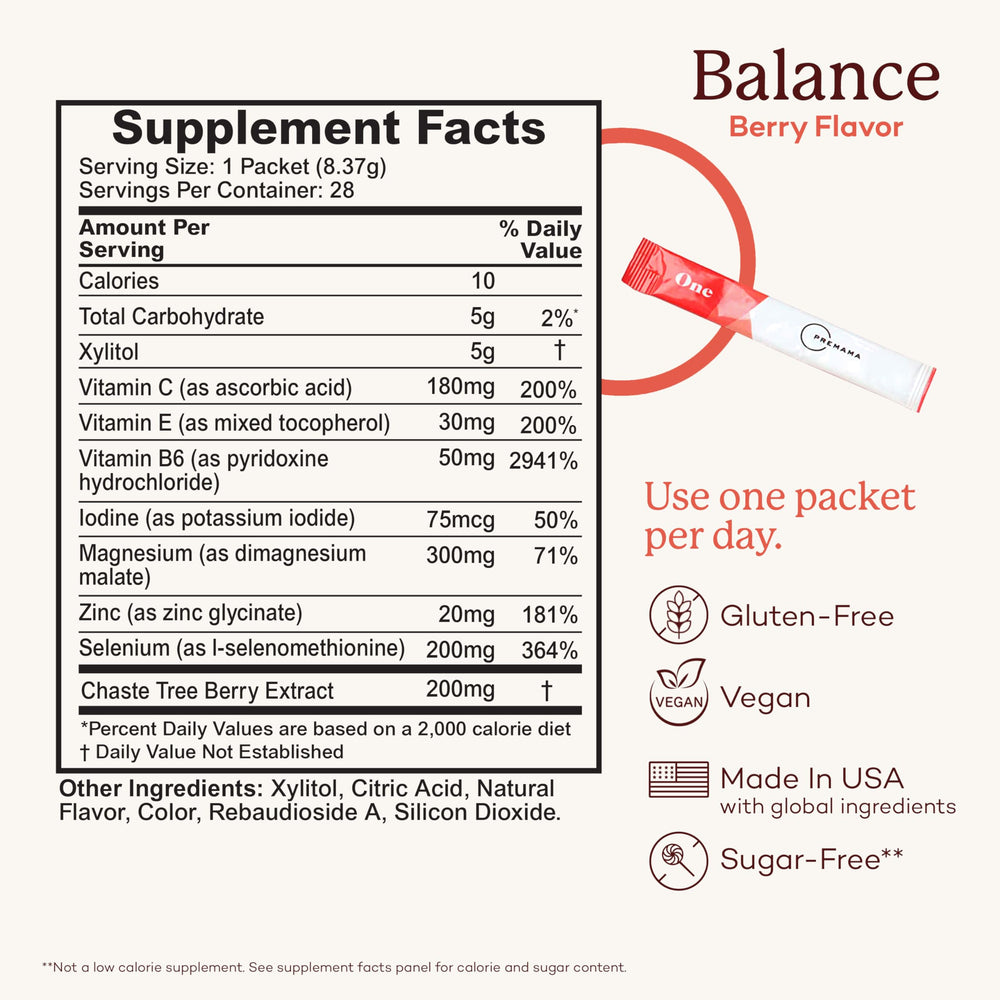 Gluten-free and vegan Premama Hormone Balance powder packets label close-up