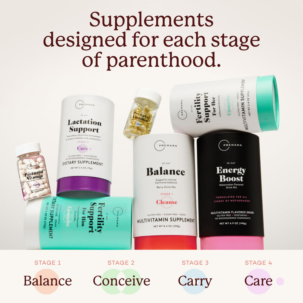 Product display of Premama Hormone Balance multivitamin powder packets