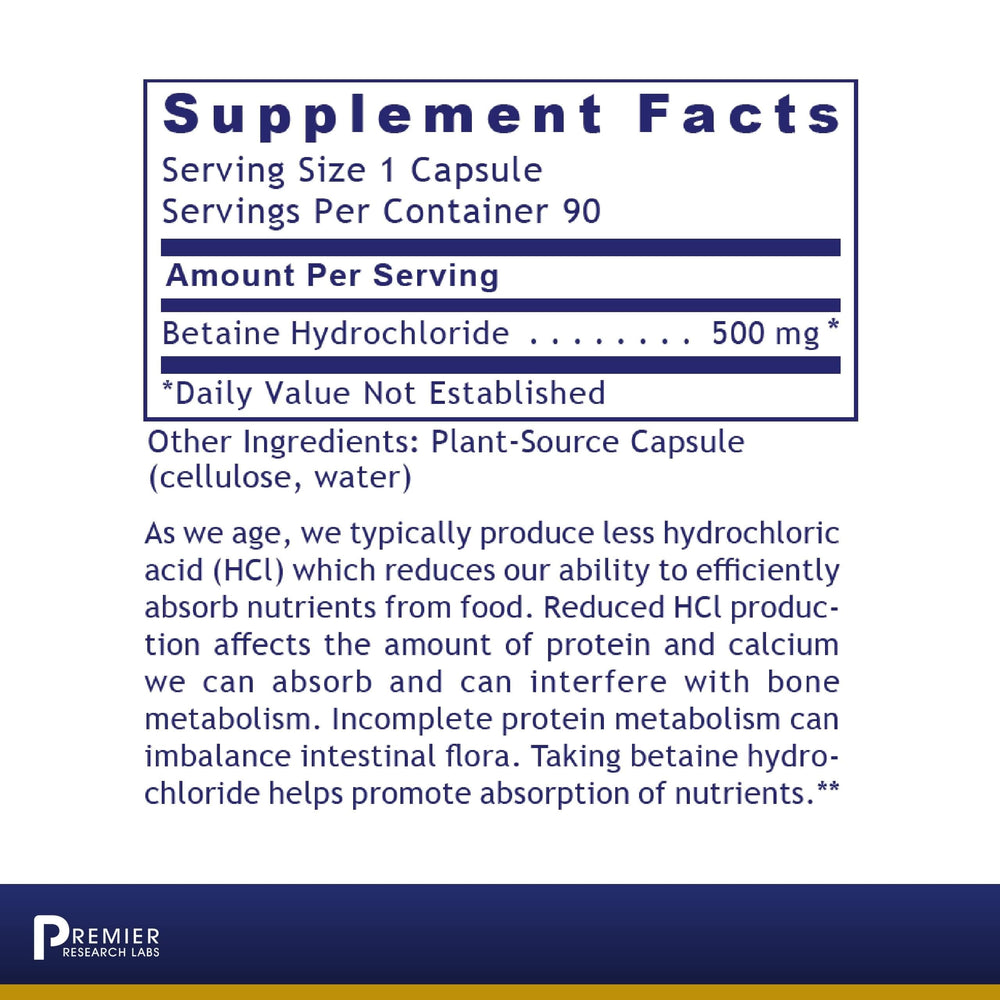 Premier HCL bottle back label with supplement facts