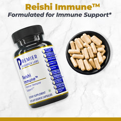 Close-up of Reishi mushroom capsules (vegan) against a neutral background