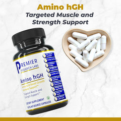 Close-up of Amino HGH supplement bottle label