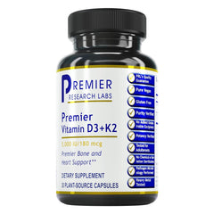 Bottle of Premier Research Labs Vitamin D3 + K2 5000 IU vegan gluten-free capsules