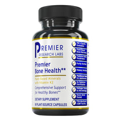 Premier Bone Health bottle highlights calcium and Vitamin K2 for bone support.