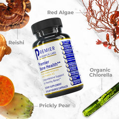 Closeup of Premier Bone Health capsules for daily calcium and K2 intake.