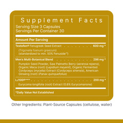 Bottle label highlighting 600 mg Testofen per serving