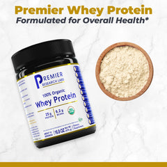 Premier Research Labs whey powder pouring into a measuring spoon for precise dosing