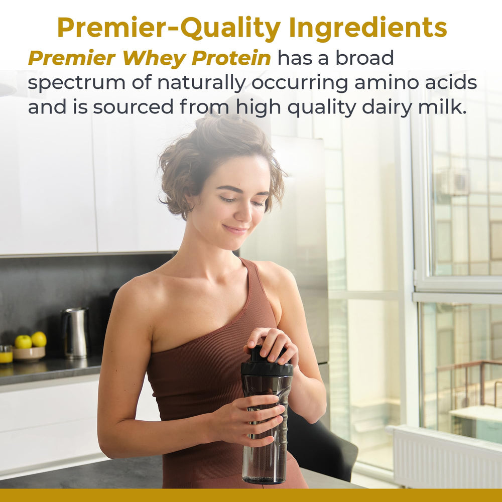 Premier Research Labs whey powder stirred into a glass for a quick shake