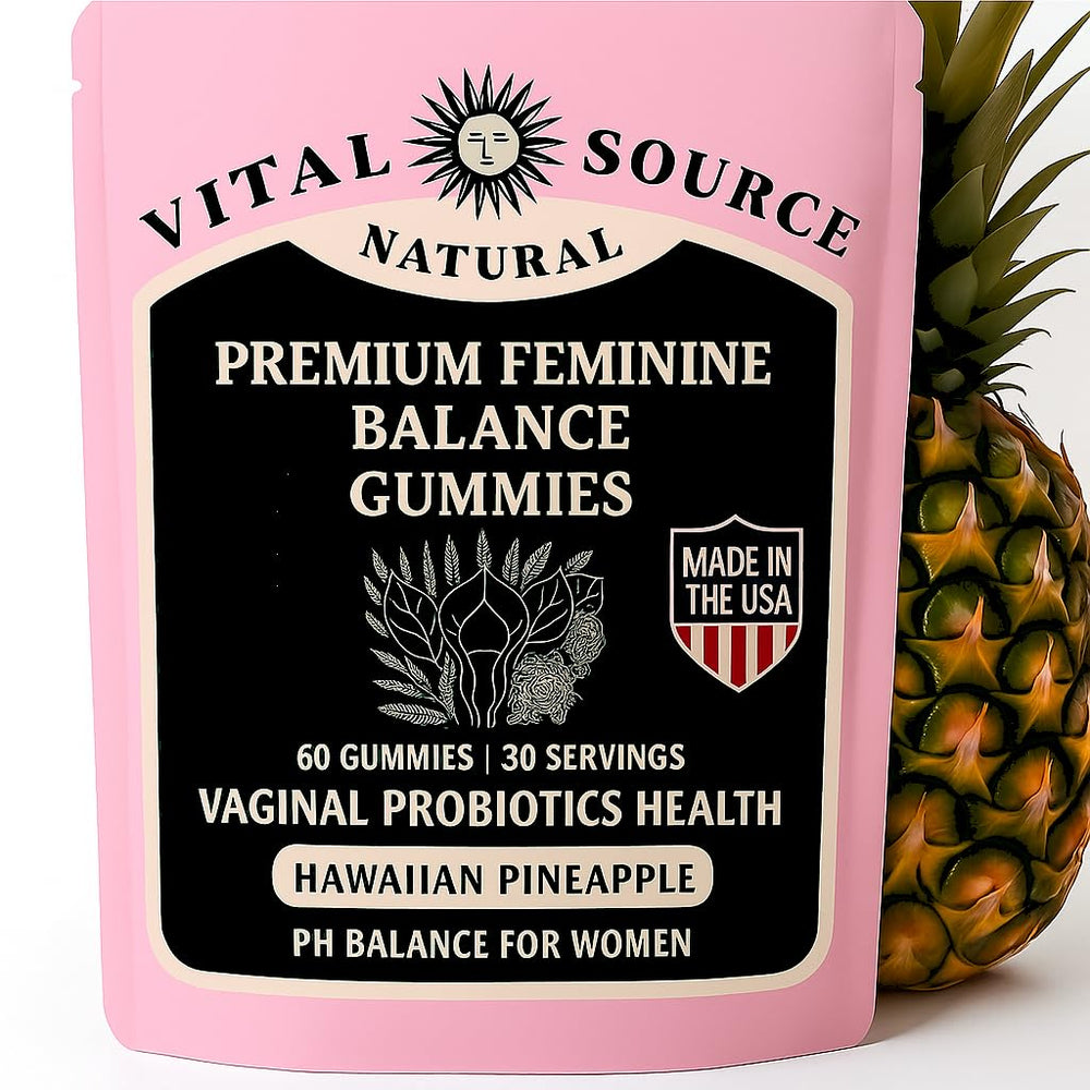 Bottle and 60-count pouch of Premium Feminine Balance Gummies