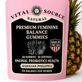 Bottle and 60-count pouch of Premium Feminine Balance Gummies