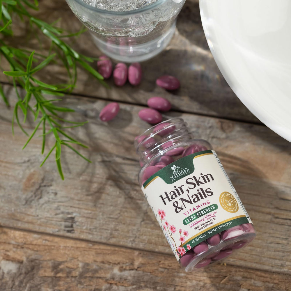 Premium hair skin nails softgels with biotin 5000mcg packaging.