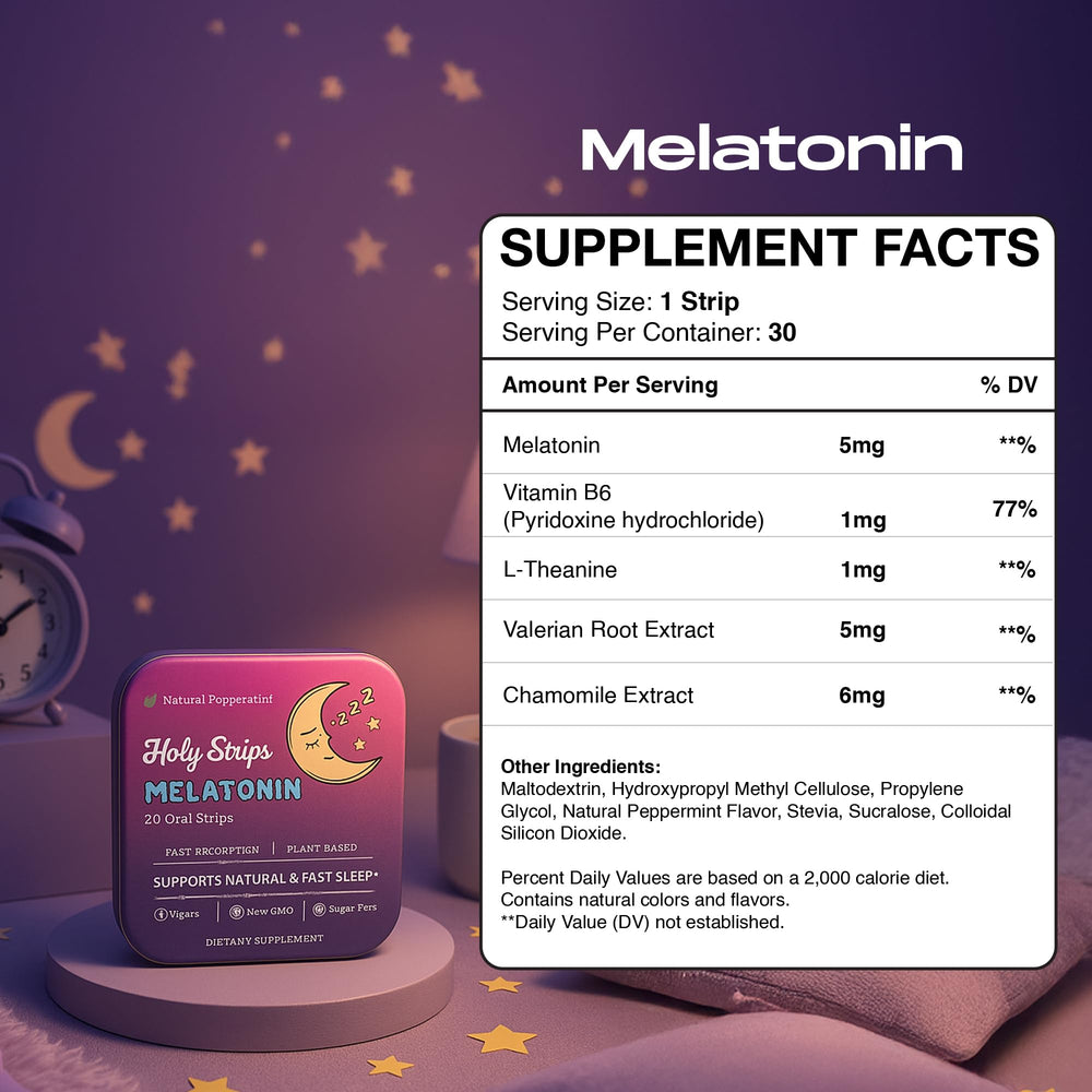 Package of premium melatonin strips with peppermint flavor.