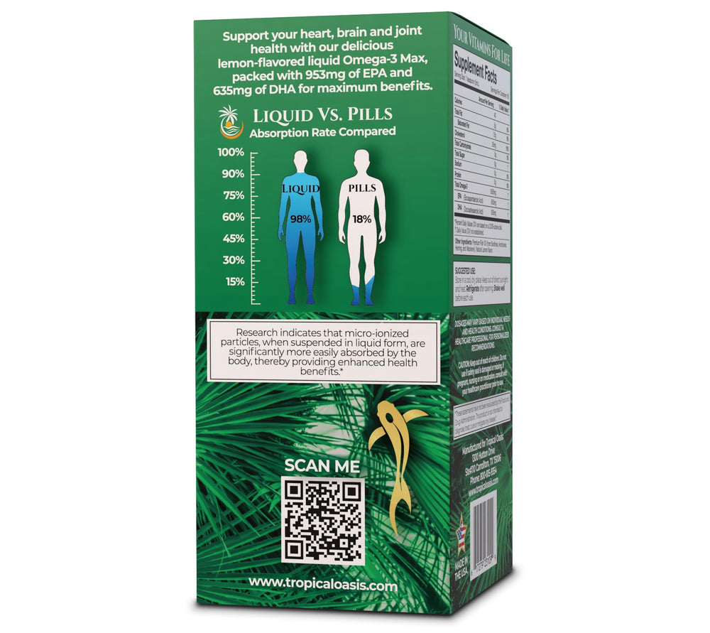 Purity and sustainability badges on Omega-3 MAX label