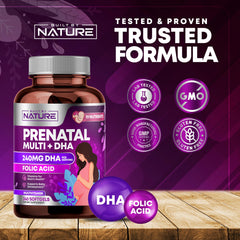 Expecting mother with prenatal vitamins and essentials