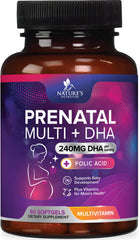 Bottle of prenatal vitamins highlighting DHA and folic acid