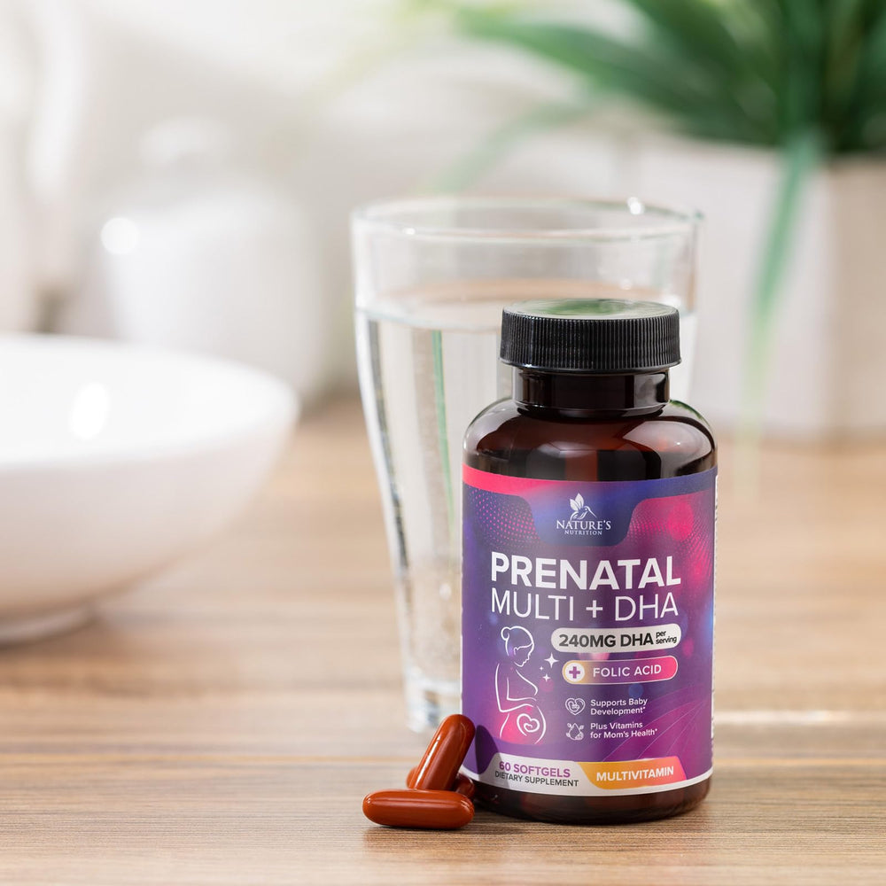 Expecting mother holding prenatal vitamins bottle