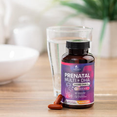 Expecting mother holding prenatal vitamins bottle