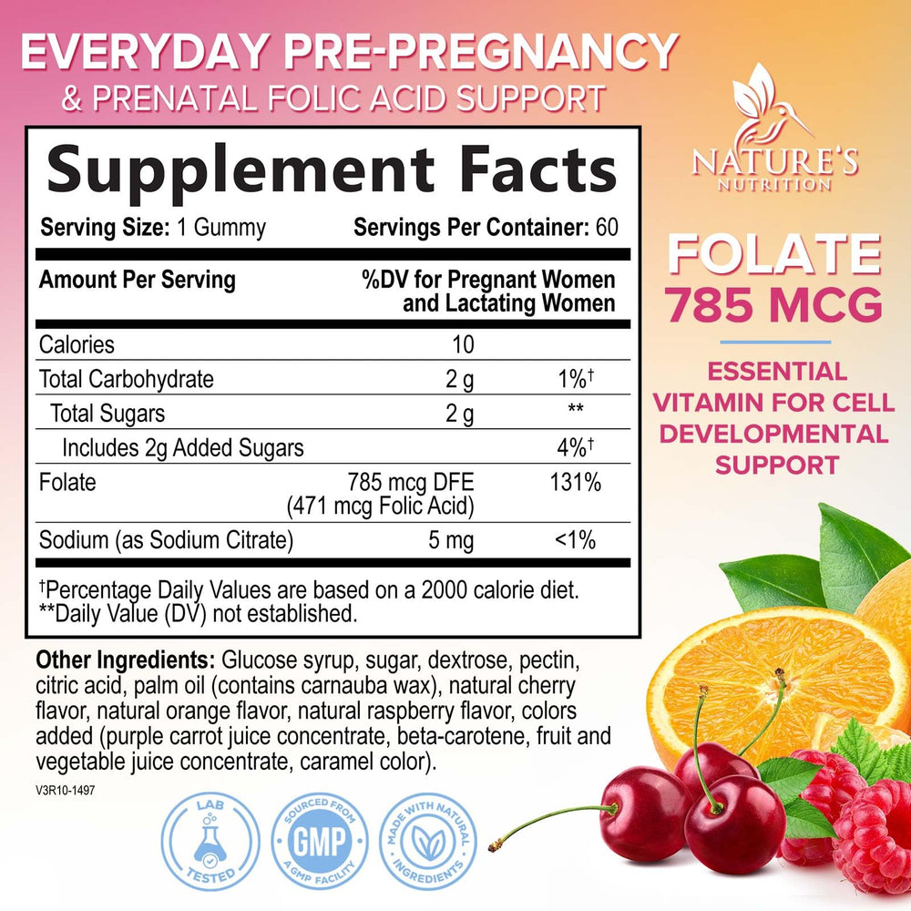 Prenatal vitamins with 785 mcg folic acid in gummy form