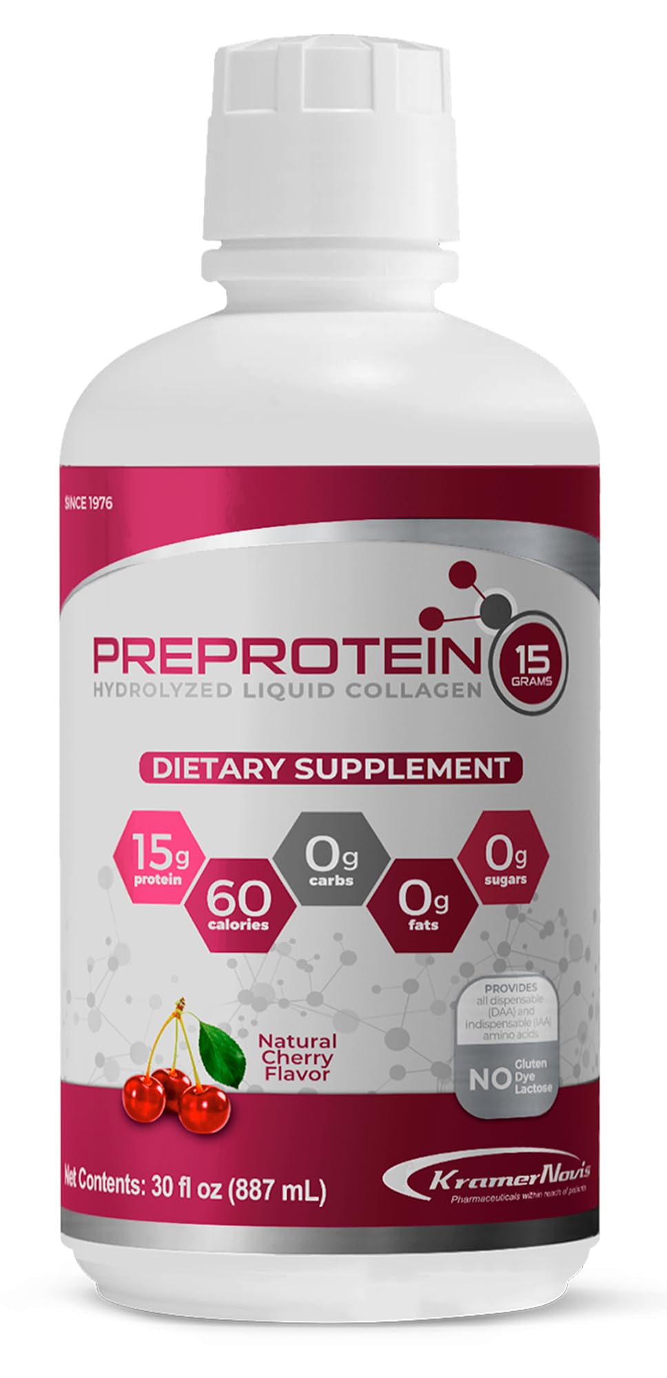 PreProtein 15 liquid bottle pour highlights convenient ready-to-drink protein for recovery support.