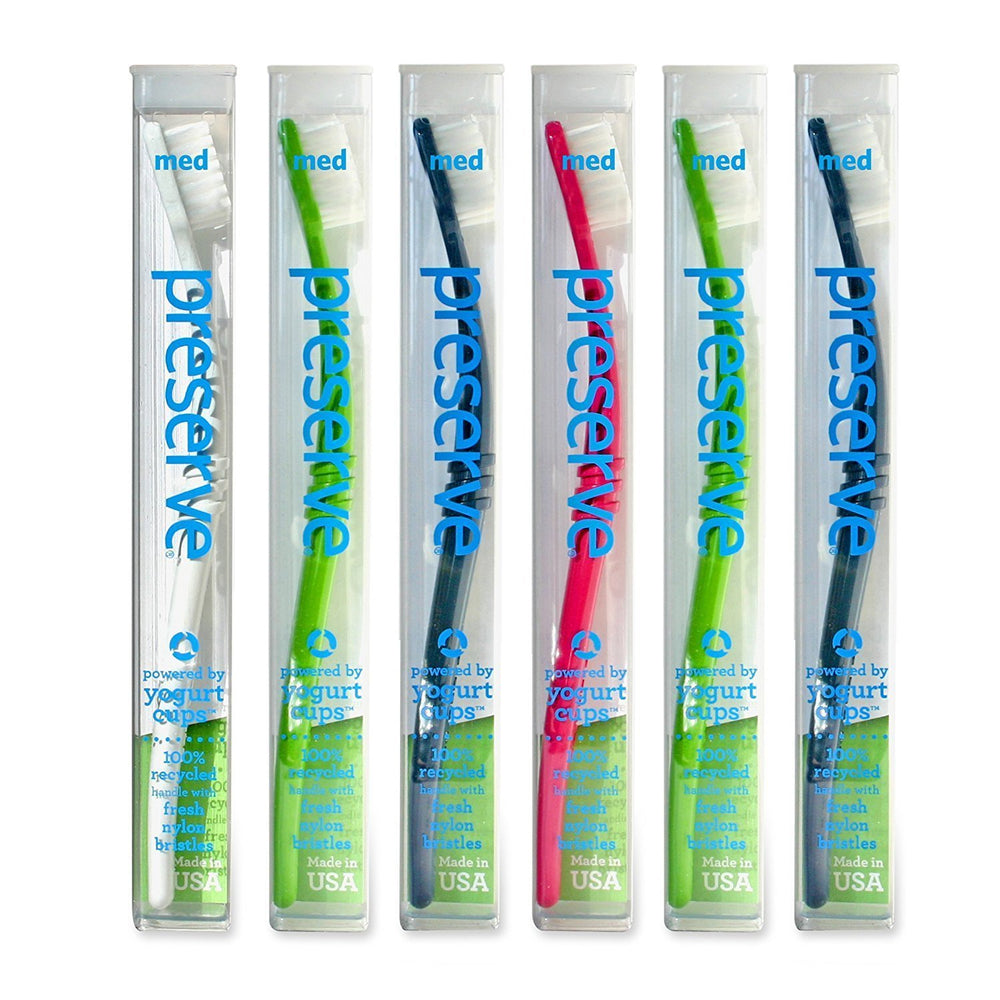Preserve toothbrushes with travel case, 6-pack, medium bristles, assorted colors