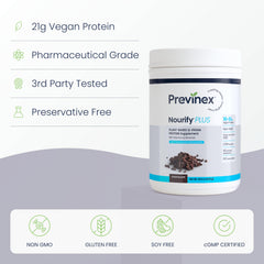 Previnex Nourify Plus chocolate shake in glass, emphasizing low sugar and clean energy.