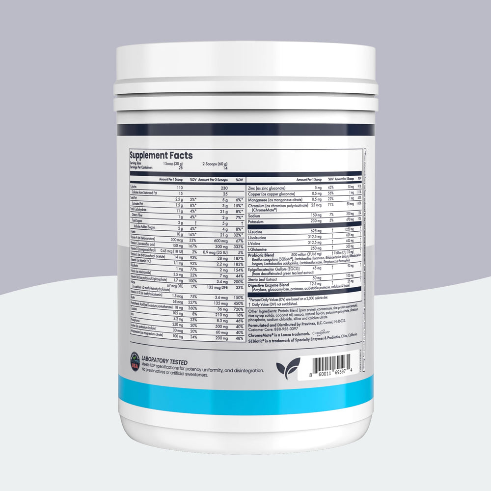 Previnex Nourify Plus scoop with chocolate powder for quick, smooth shakes.