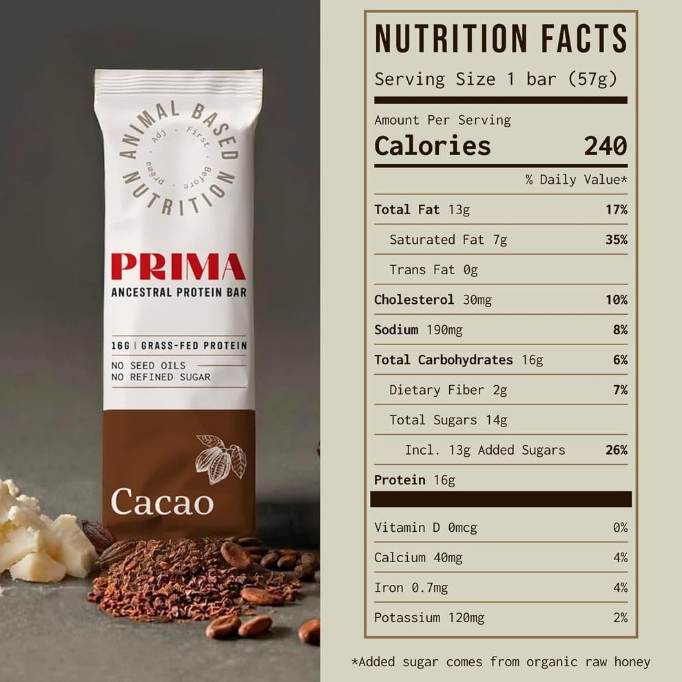 PRIMA Ancestral Protein Bar 7-pack packaging showing cacao flavor