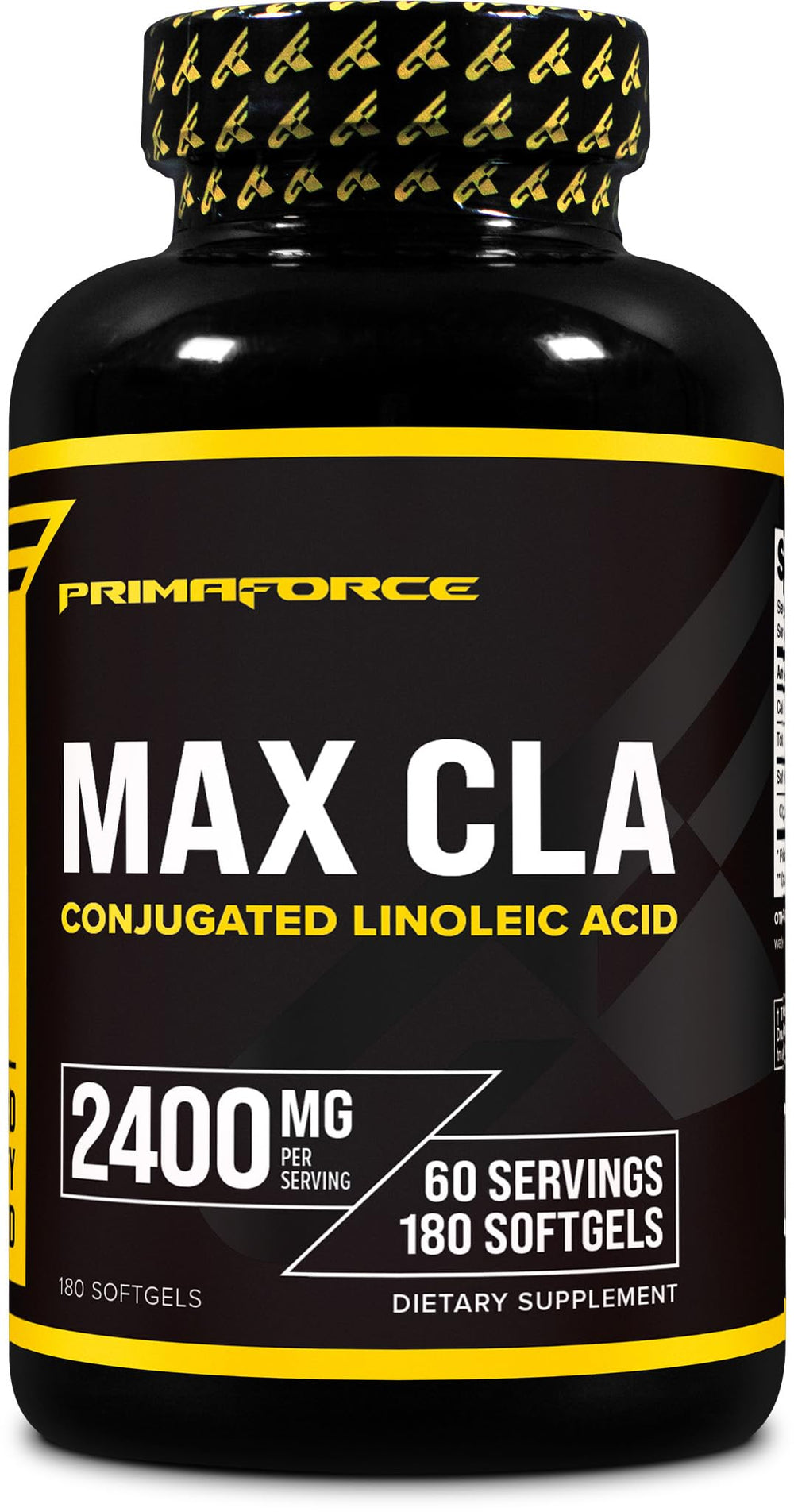 Primaforce CLA bottle label showing 2400 mg per serving and 180 softgels