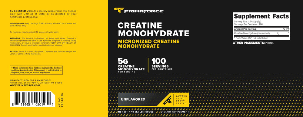 Non-GMO and gluten-free label on Primaforce creatine product