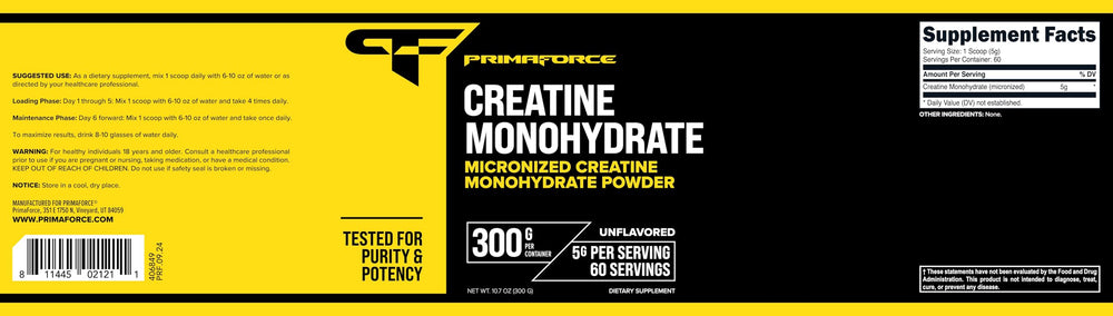 Nutrition facts panel for Primaforce Creatine Monohydrate Powder