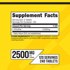 Close-up of supplement facts showing 2500mg L-Citrulline per serving