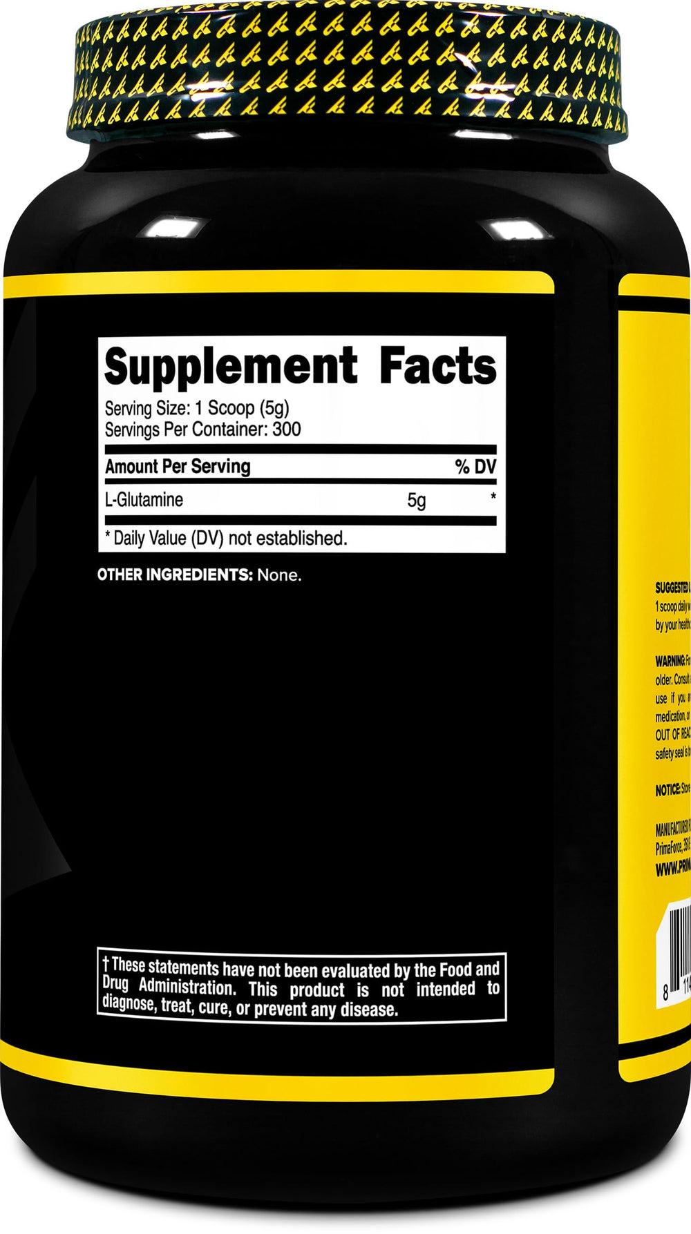 Nutrition facts panel for Primaforce L-Glutamine Powder 1500g unflavored