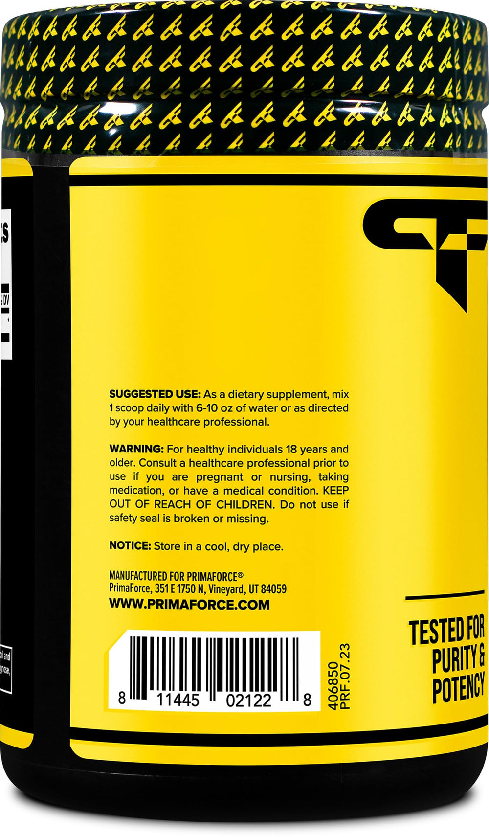 L-Leucine powder close-up with nutrition facts