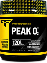 Primaforce Peak O2 bottle label—quality GMP-grade formula for workouts