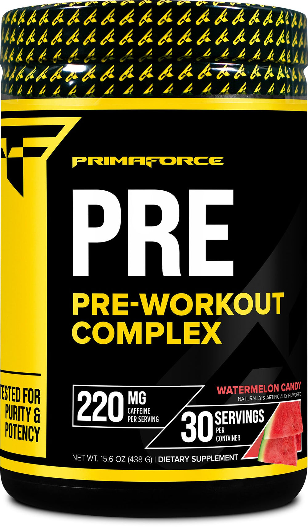 Front view of Primaforce Pre-Workout Complex Powder Watermelon Candy 438g