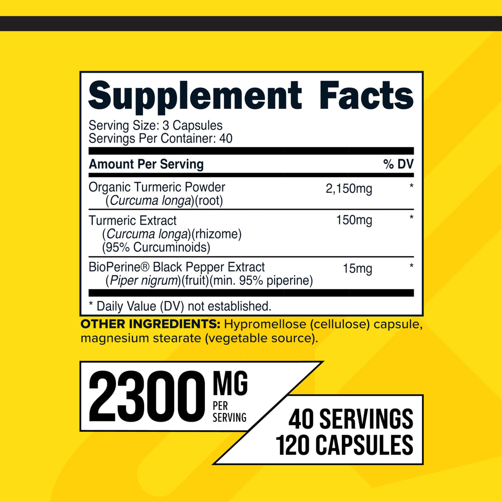 Product label showing 2300 mg turmeric per serving