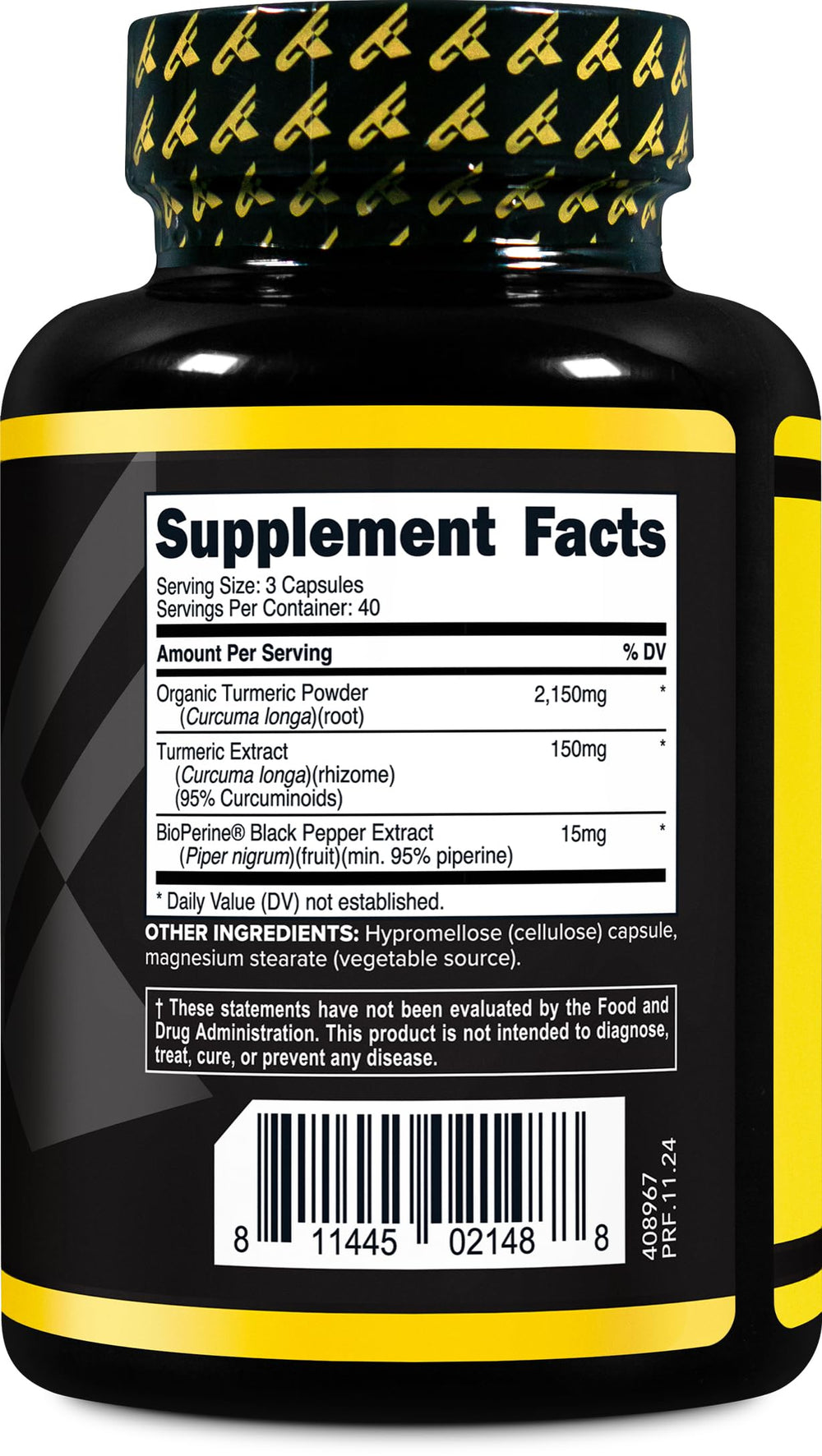 Close-up of turmeric capsules and Bioperine