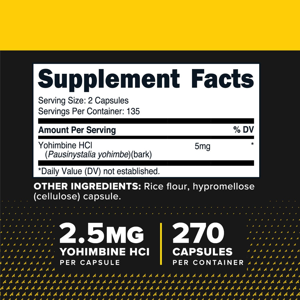 PrimaForce Yohimbine HCl 2.5mg bottle close-up with 270 capsules