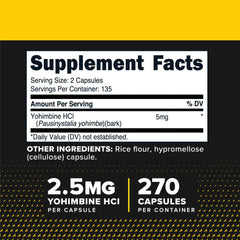 PrimaForce Yohimbine HCl 2.5mg bottle close-up with 270 capsules