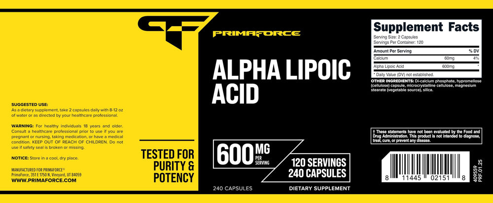 NSF GMP FDA facility badge and Primaforce Alpha Lipoic Acid bottle