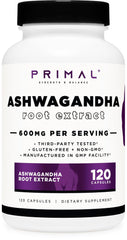 Primal Ashwagandha Root Extract bottle - 120 capsules, 600mg per serving