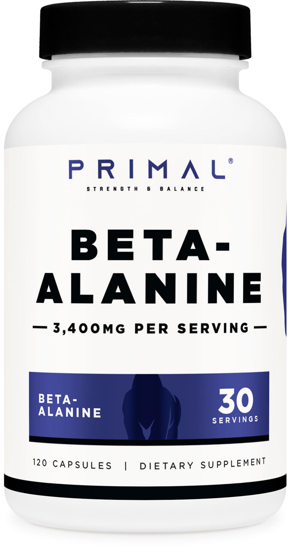 Primal Beta-Alanine Capsules bottle 3400mg shows high-potency formula for intense workouts.