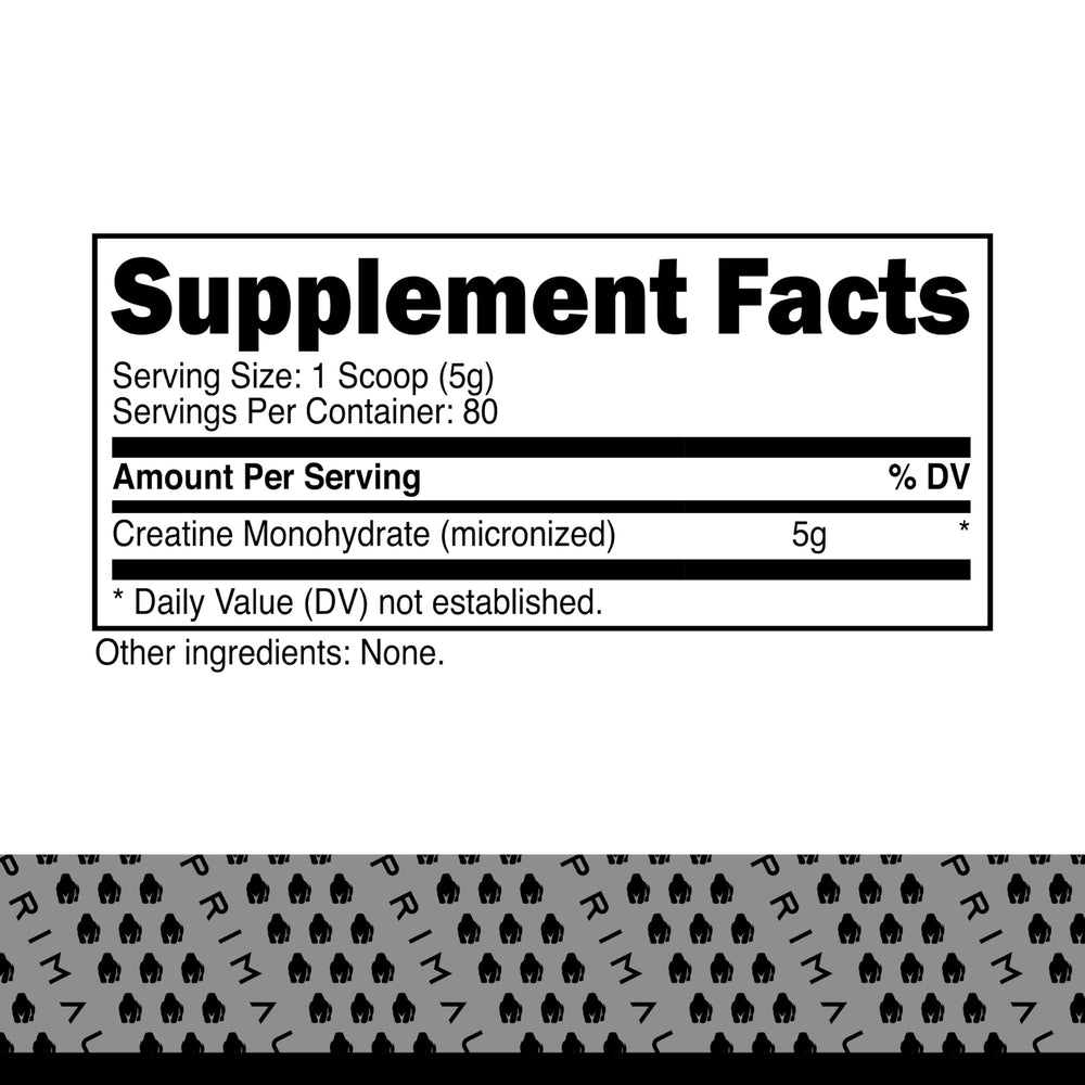 Back label on Primal Creatine Monohydrate 400g bottle