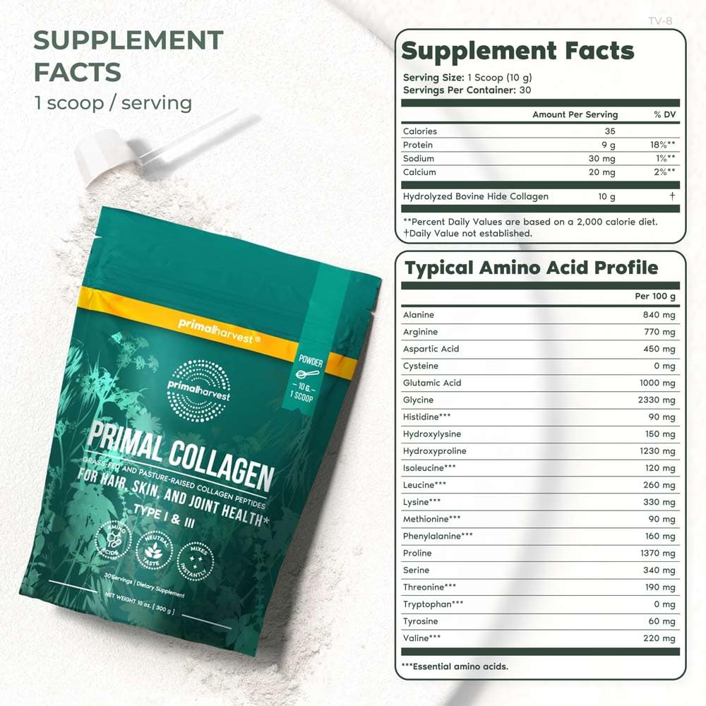 Back/label view of Primal Harvest Collagen Powder Type I & III 10 oz Original