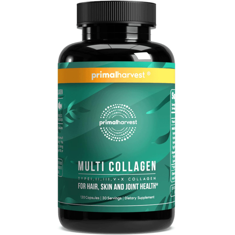 Primal Harvest Multi Collagen Pills bottle label with 120 capsules