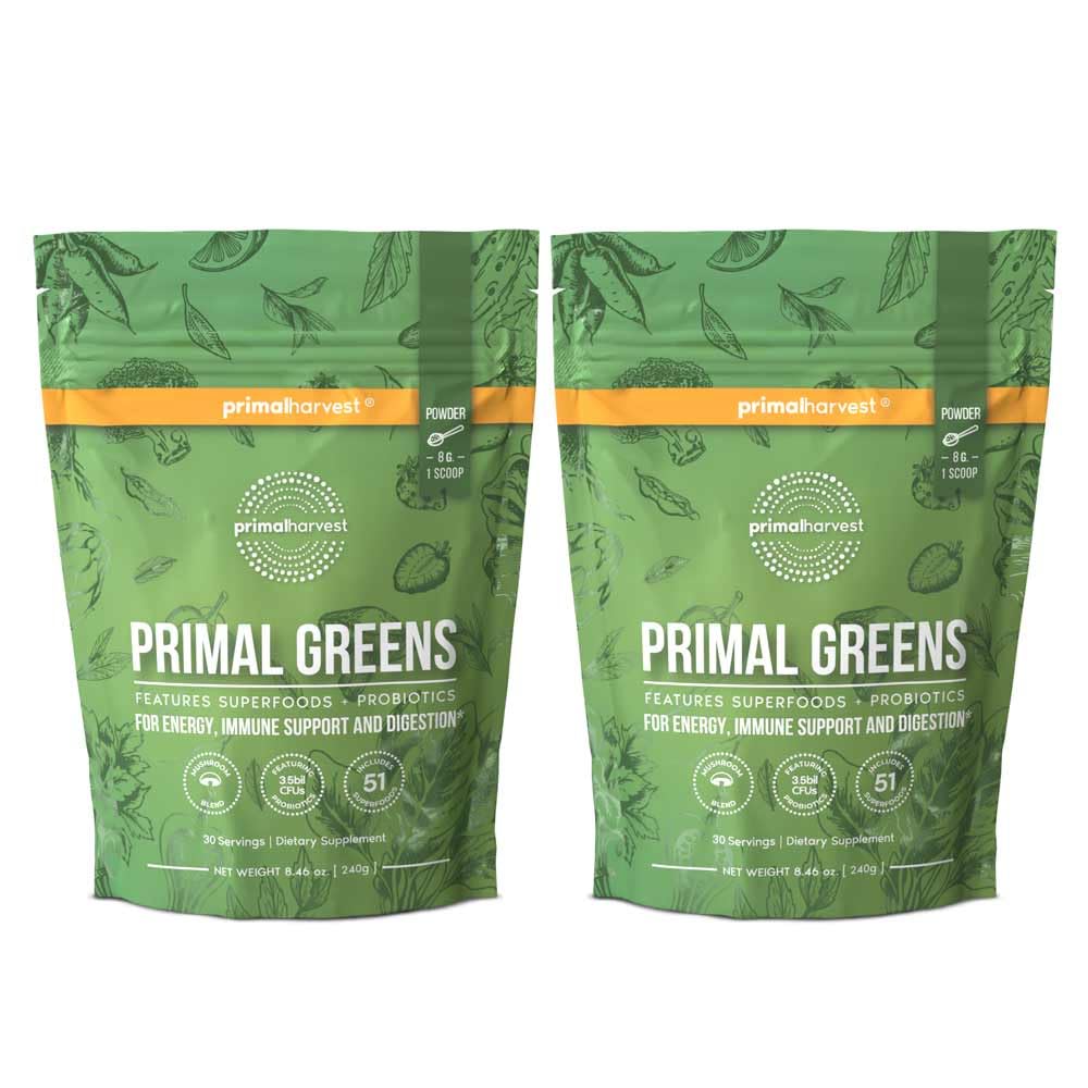 Primal Greens powder bottle showing 30 servings