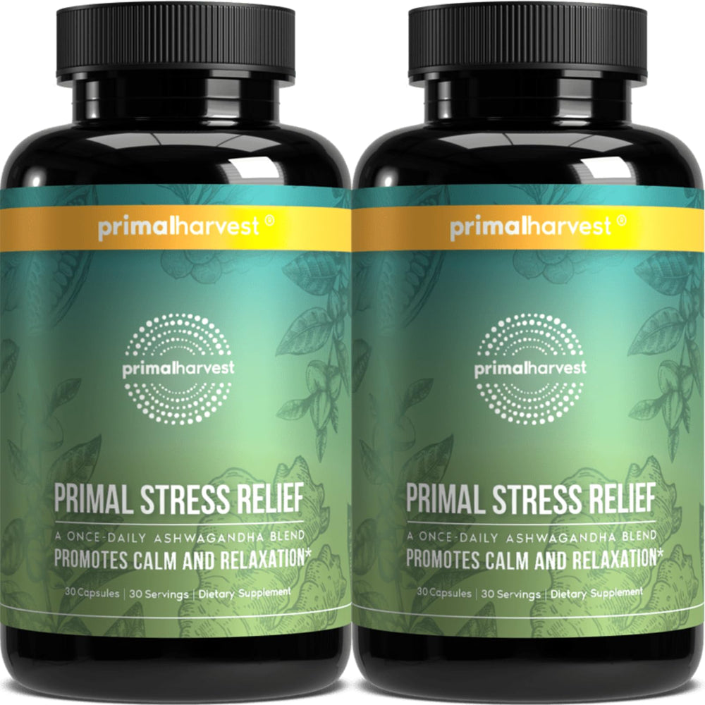 Primal Harvest Stress Relief bottle and 60 capsules