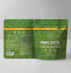 Back label with ingredients and nutrition facts for Primal Harvest Super Greens Powder.