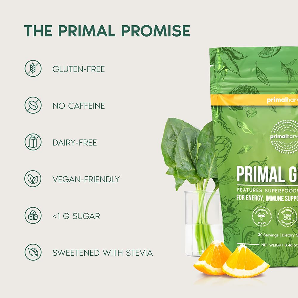 Graphic highlighting 50+ greens and adaptogens in Primal Harvest Super Greens.