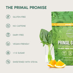Graphic highlighting 50+ greens and adaptogens in Primal Harvest Super Greens.