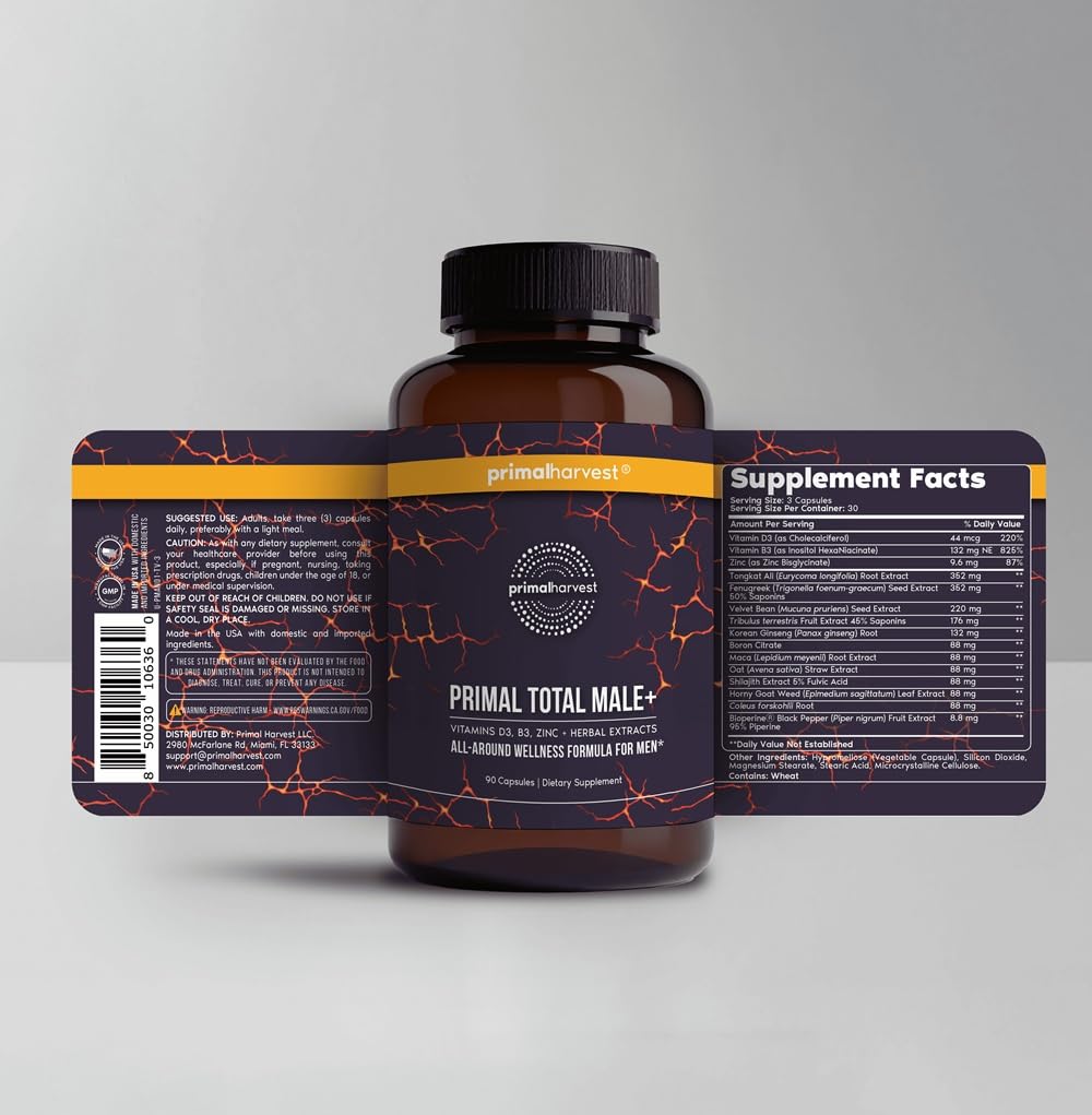 Close-up view of Total Male+ capsules highlighting herbal blend